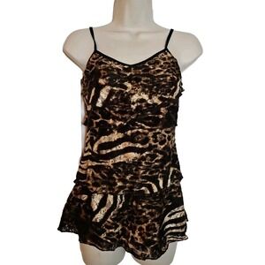 Cache Lace Animal Print Layered Tank Camisole Top Adjustable Straps‎ Size XS
